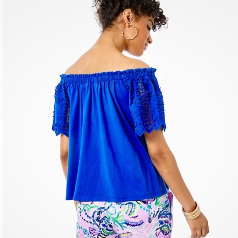 Lilly Pulitzer Fayette Off-The-Shoulder Top Blue MEDIUM crochet lace coastal - Picture 6 of 10